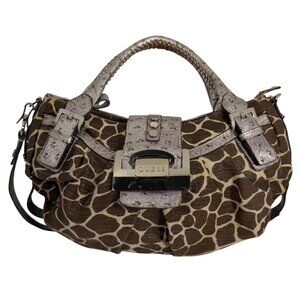 Vintage GUESS Serengeti Giraffe Print Canvas Shoulder Bag Metallic Silver Trim